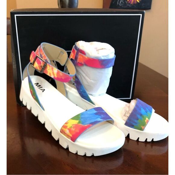 MIA - NWT - L Sz 8 "Madi" Tie-Dye Platform Sandal in Rainbow Colors & White Sole - Picture 6 of 13